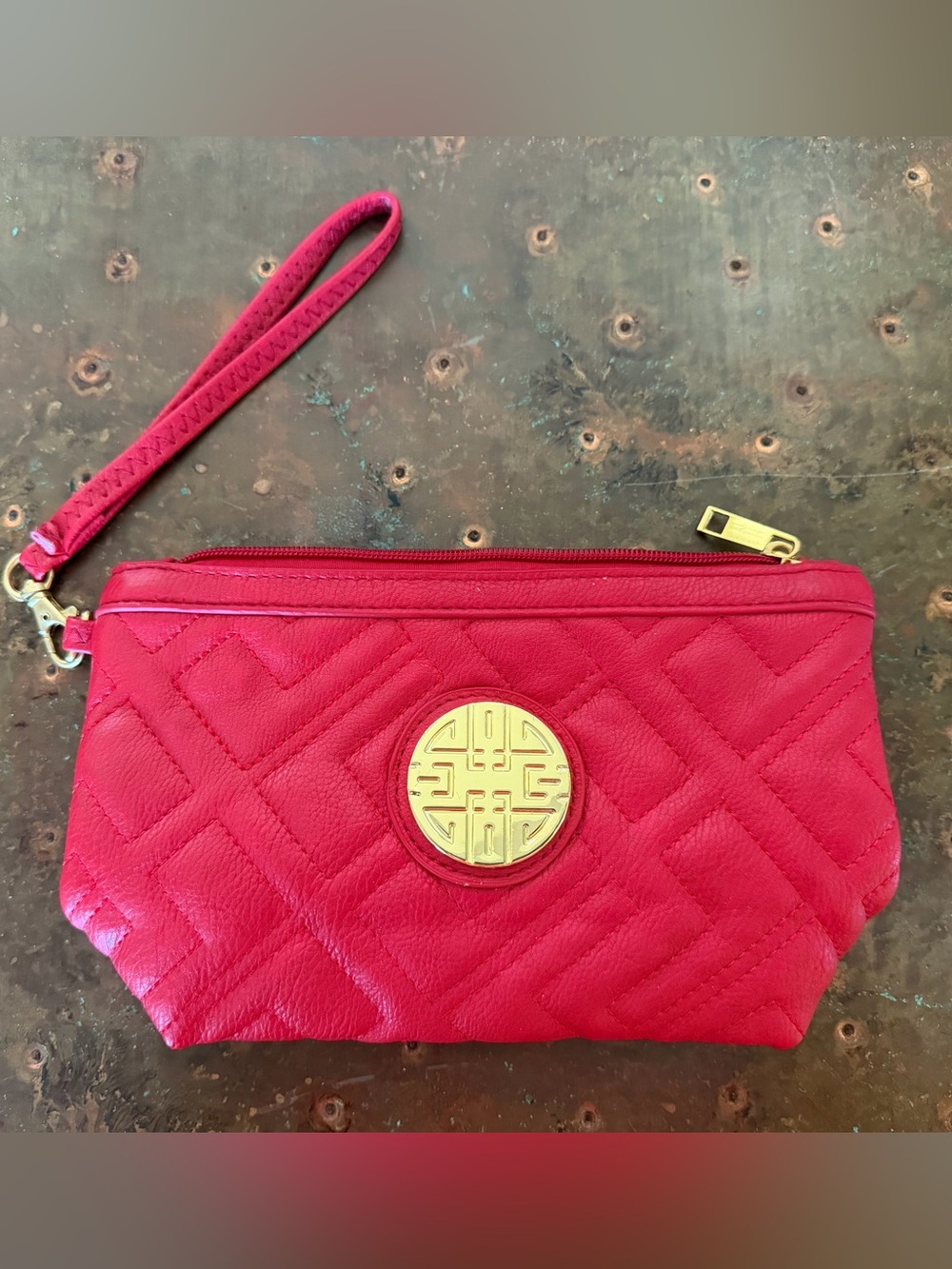 Proya Collection Red Quilted Leather Cosmetic Wristlet Clutch Bag Emblem